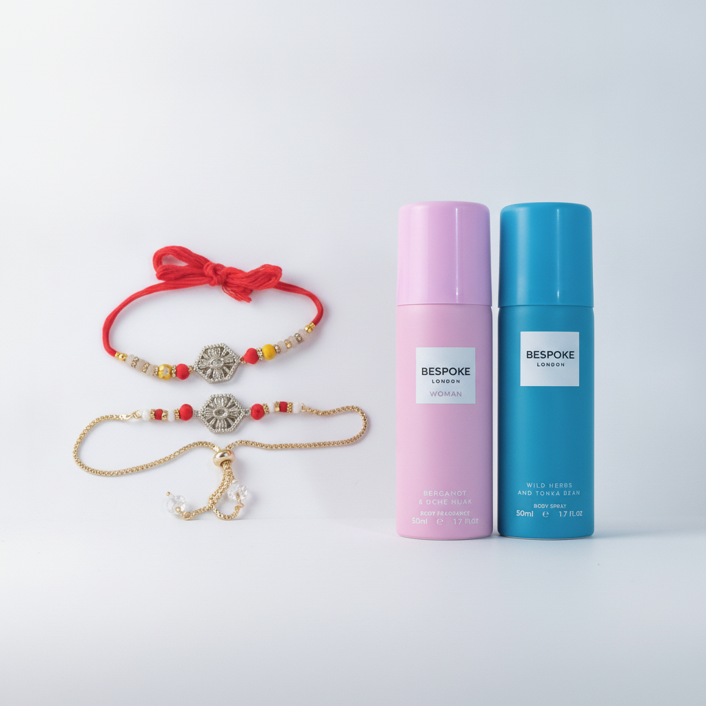 Bhaiya Bhabhi Rakhi Combo Set with Bespoke London Perfumes