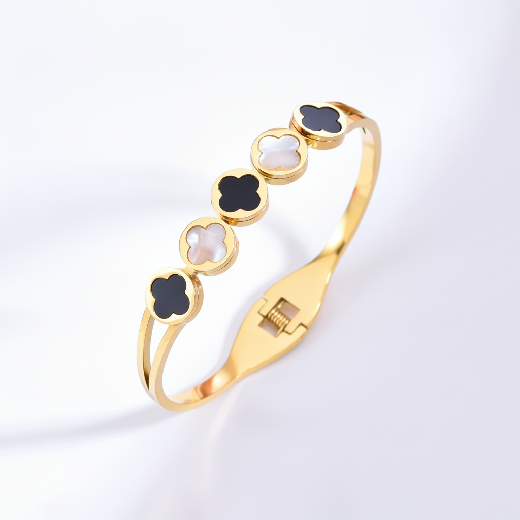 Gold Four-Leaf Clover Bangle Bracelet – Black & White
