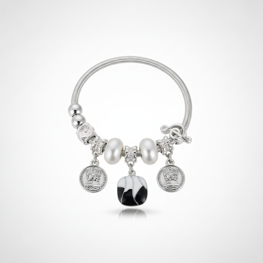 Silver Charm Bracelet with Pearl Beads & Coin Pendants