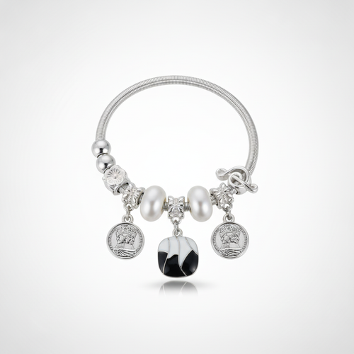 Silver Charm Bracelet with Pearl Beads & Coin Pendants