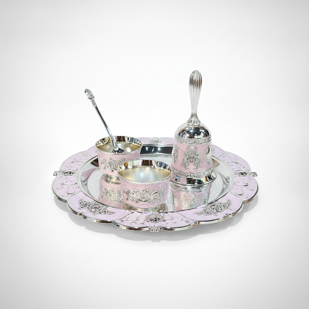 Pink & Silver Decorative Pooja Thali Set with Bell & Bowls