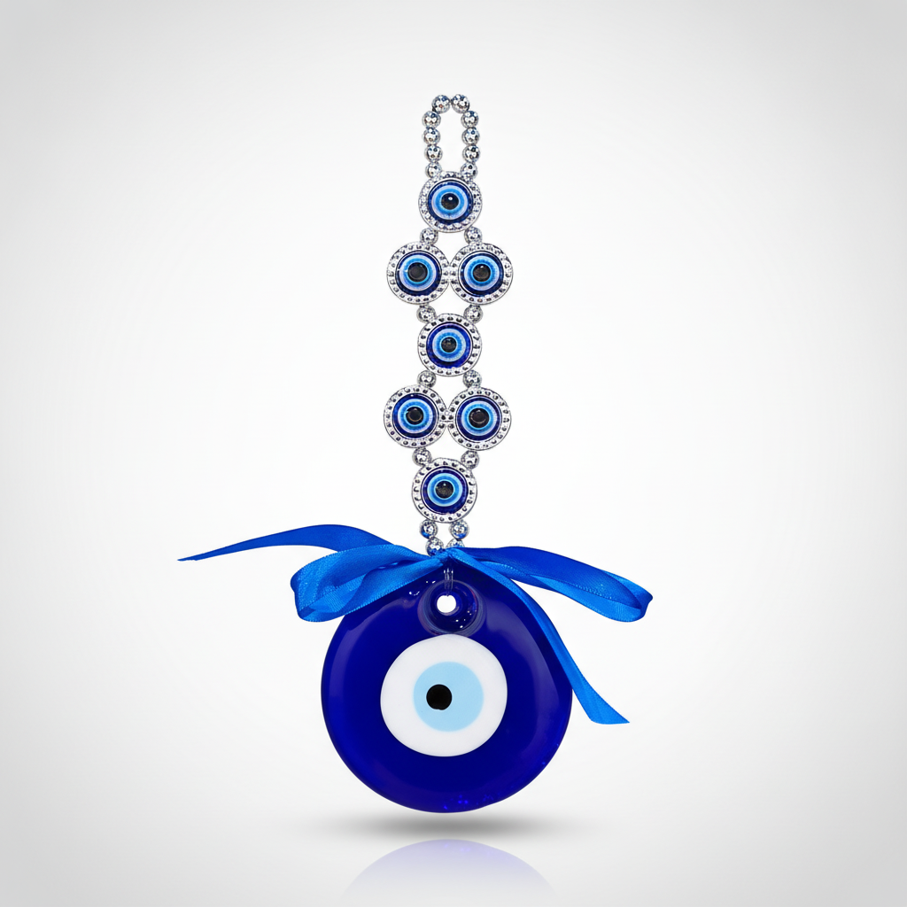Handcrafted Evil Eye Wall Hanging with Blue Ribbon & Charm