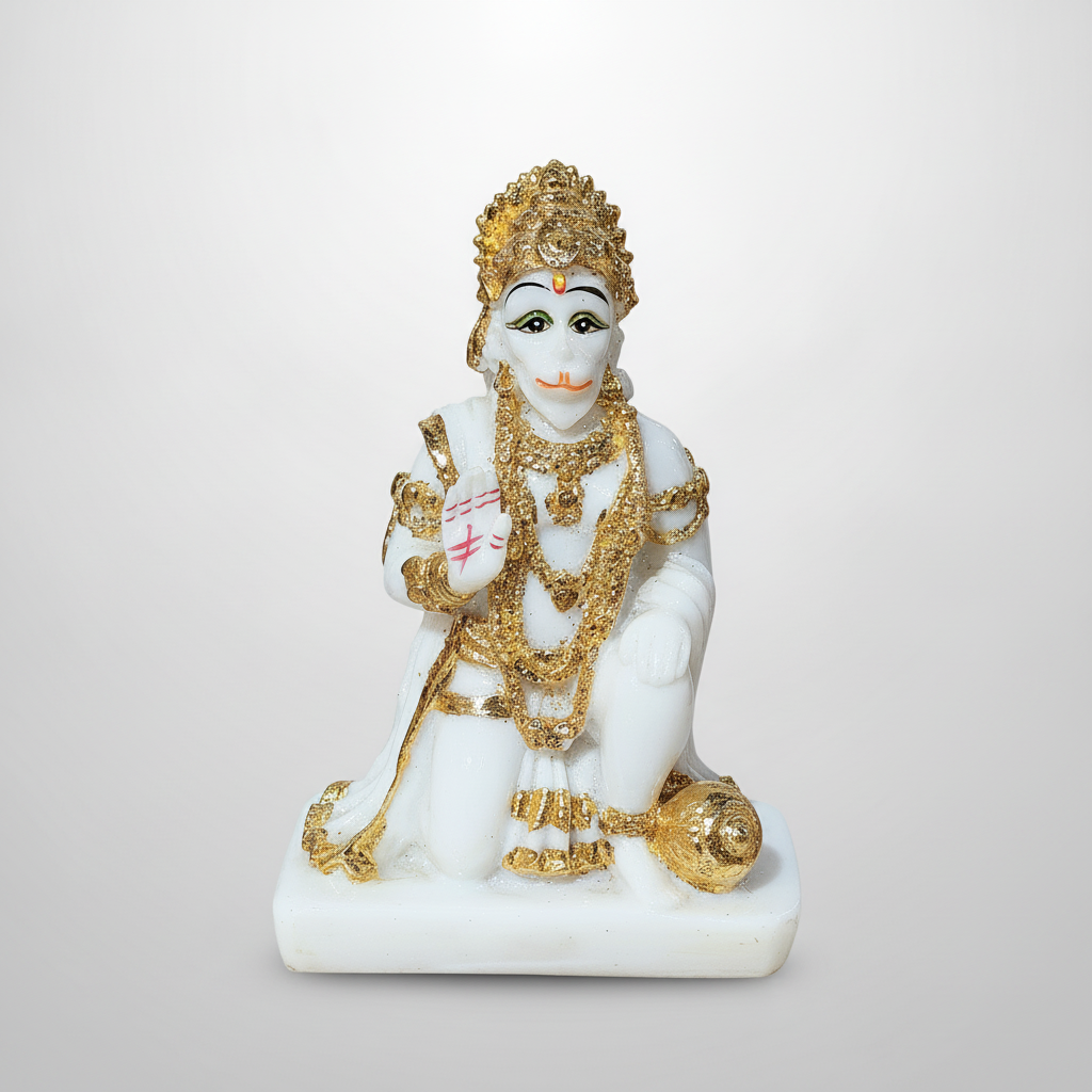 Lord Hanuman Marble Statue 6.5 Inch White & Gold Figurine