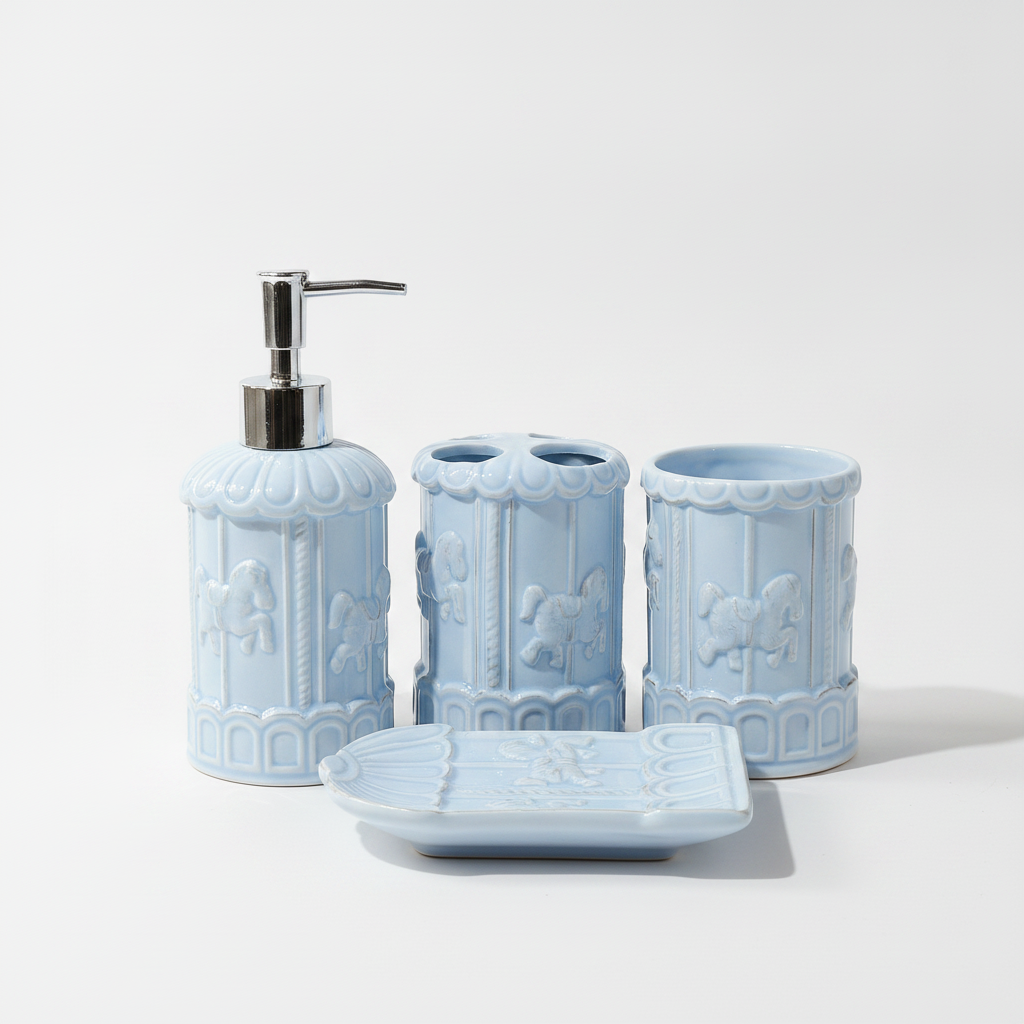 Carousel Ceramic Bathroom Accessory Set – Baby Blue, 4-Piece