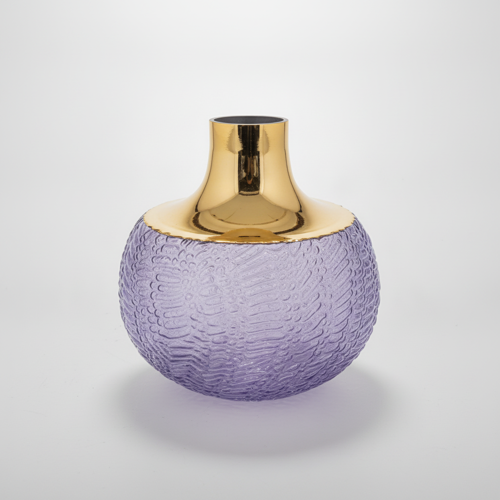 Textured Purple Glass Vase with Gold Metallic Neck