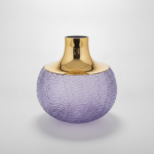 Textured Purple Glass Vase with Gold Metallic Neck