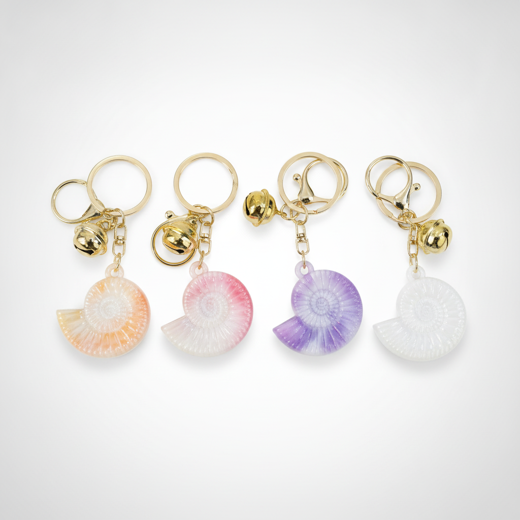 Spiral Shell Keychain with Gold Bell Charm – 4 Colors