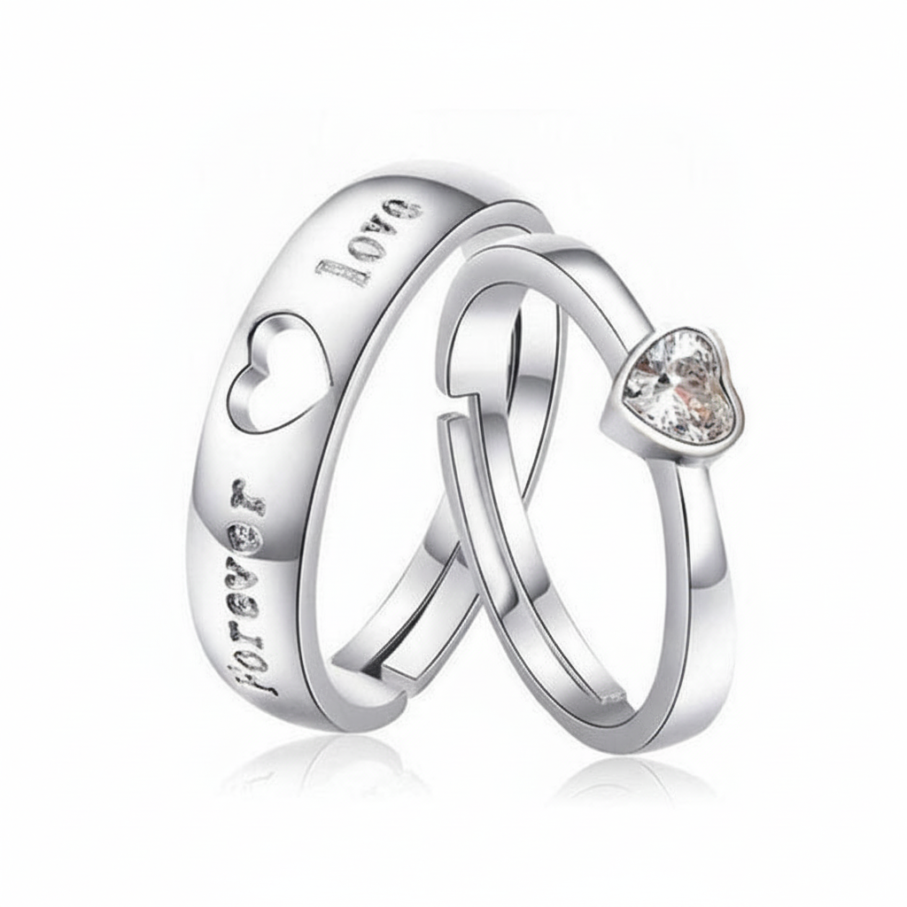 Forever Love Couple Rings Set – Adjustable Sterling Silver