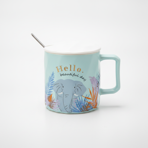 Hello Beautiful Day Elephant Ceramic Mug with Lid & Spoon