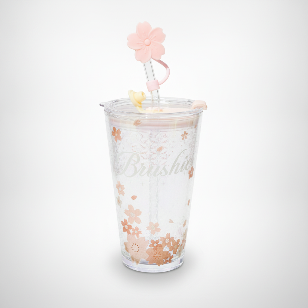 Brushie Cherry Blossom Glass Tumbler with Floral Straw