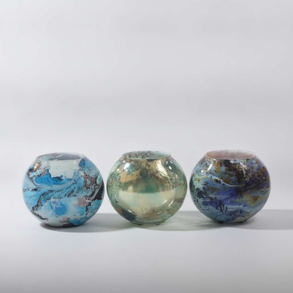 Hand-Painted Round Glass Vase – Marble Art Bowl
