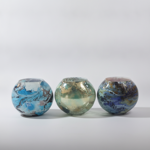 Hand-Painted Round Glass Vase – Marble Art Bowl