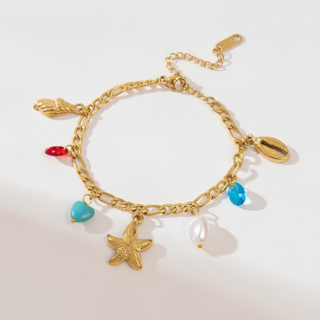 Ocean Charm Gold Bracelet – Starfish, Shell & Bead Accents