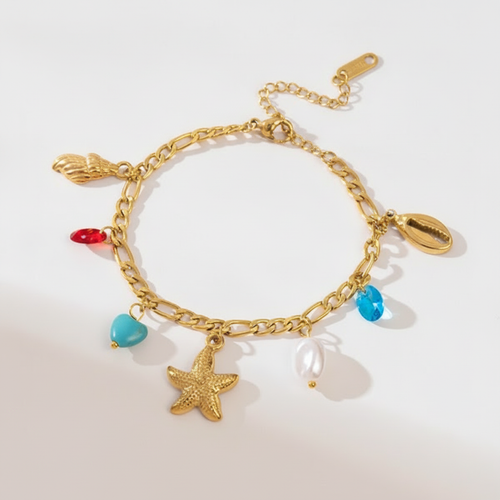 Ocean Charm Gold Bracelet – Starfish, Shell & Bead Accents