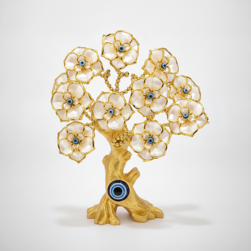 Evil Eye Lucky Tree Figurine – Gold & Pearl Flower Decor