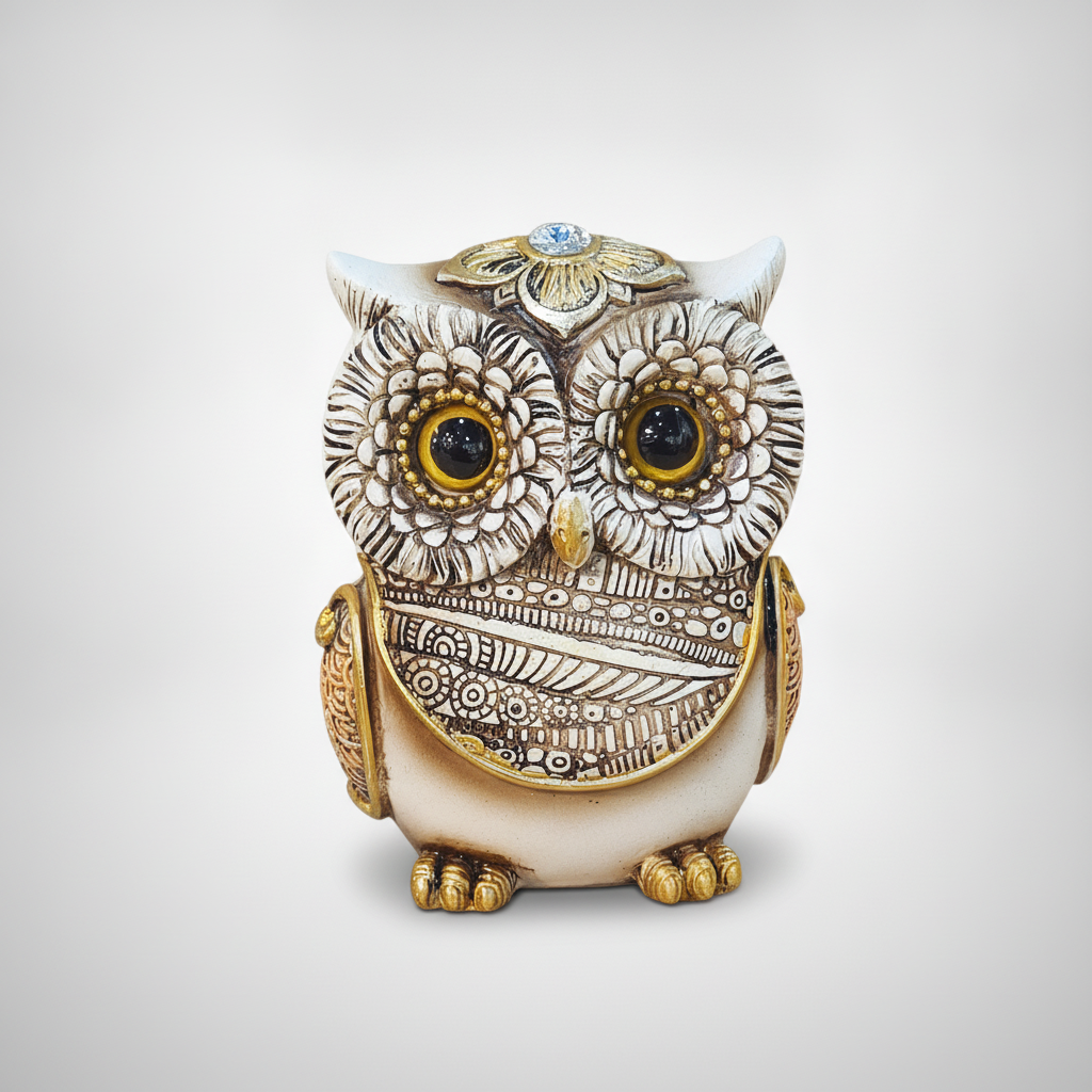 Boho Owl Figurine with Gold Accents & Crystal Crown