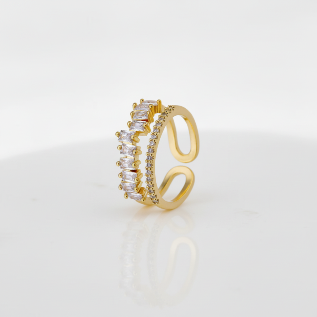 Double Band Baguette Crystal Gold Adjustable Ring