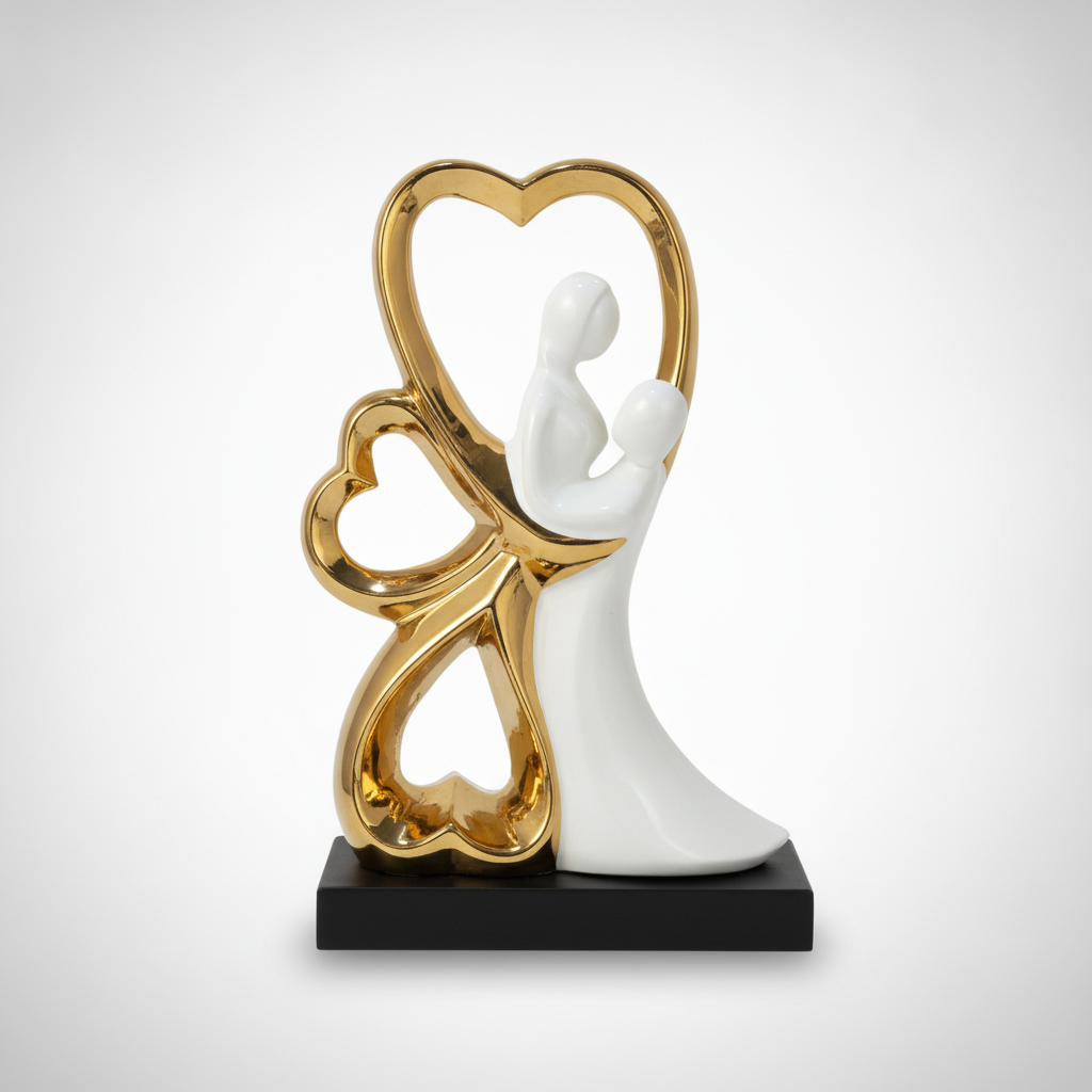 Gold & White Ceramic Couple Figurine with Heart Sculpture
