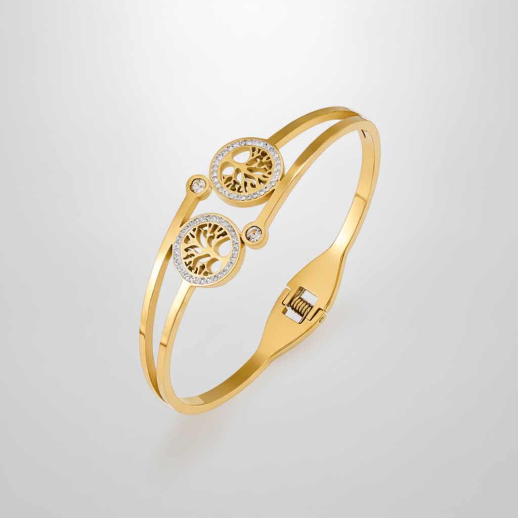 Gold Tree of Life Bangle Bracelet with Crystal Accents