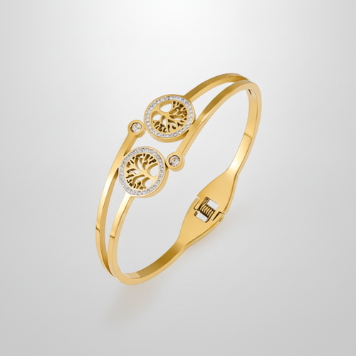 Gold Tree of Life Bangle Bracelet with Crystal Accents