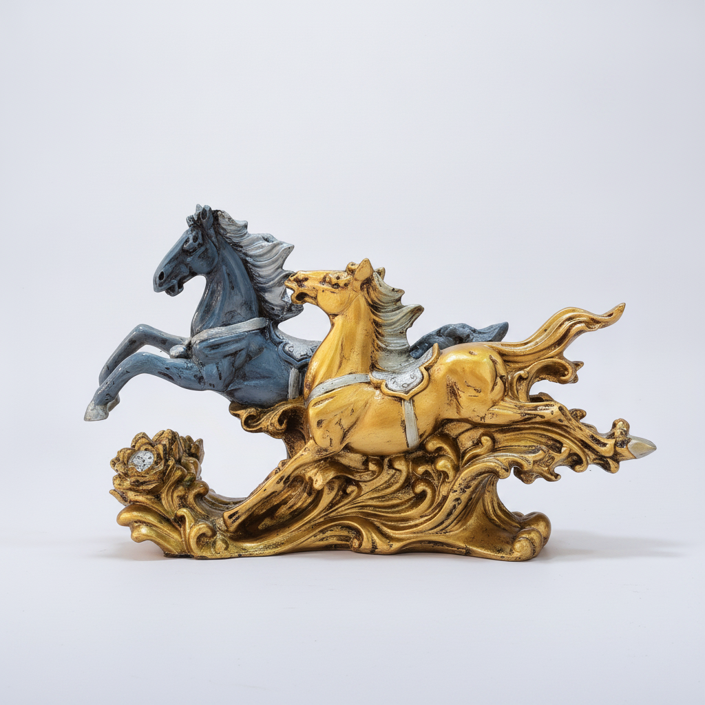 Dual Running Horses Resin Figurine – Gold & Charcoal, 9"