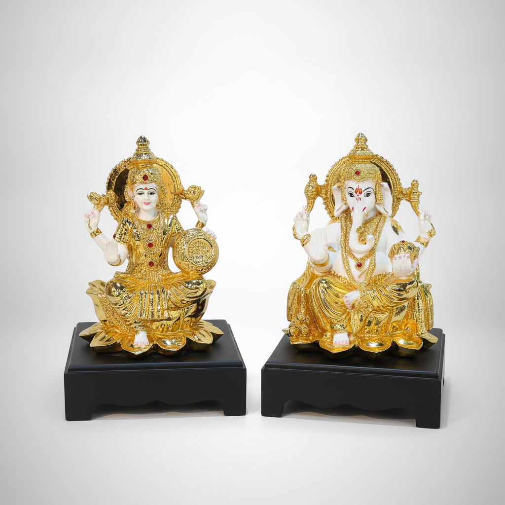 Gold & White Lakshmi Ganesha Idol Set on Lotus Base