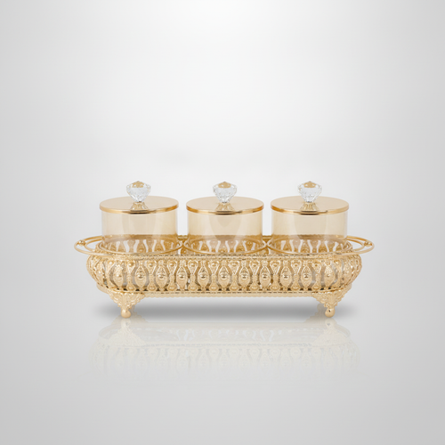 Gold Ornate Tray with 3 Crystal-Lid Glass Jars Set