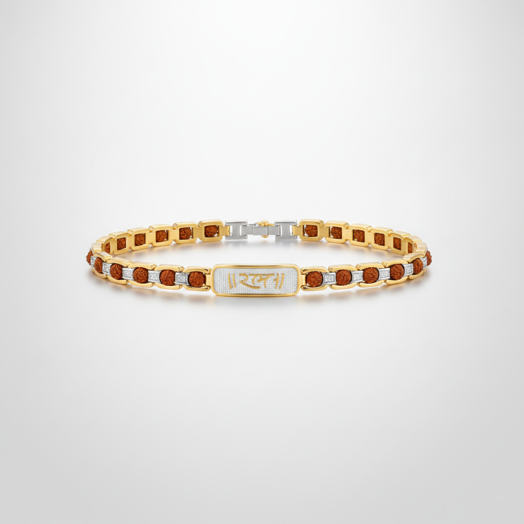 Rudraksha Bracelet with Om Engraved Plate – Gold & Silver