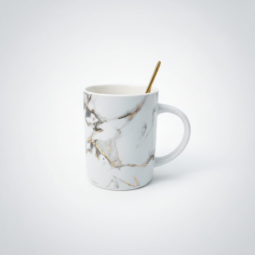 Marble & Gold Ceramic Coffee Mug with Stirring Spoon