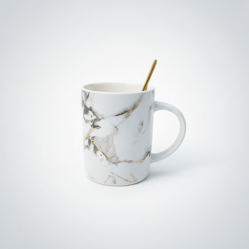 Marble & Gold Ceramic Coffee Mug with Stirring Spoon