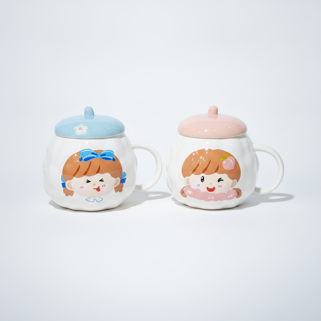 Cute Cartoon Girl Ceramic Mug with Lid – Kawaii Style