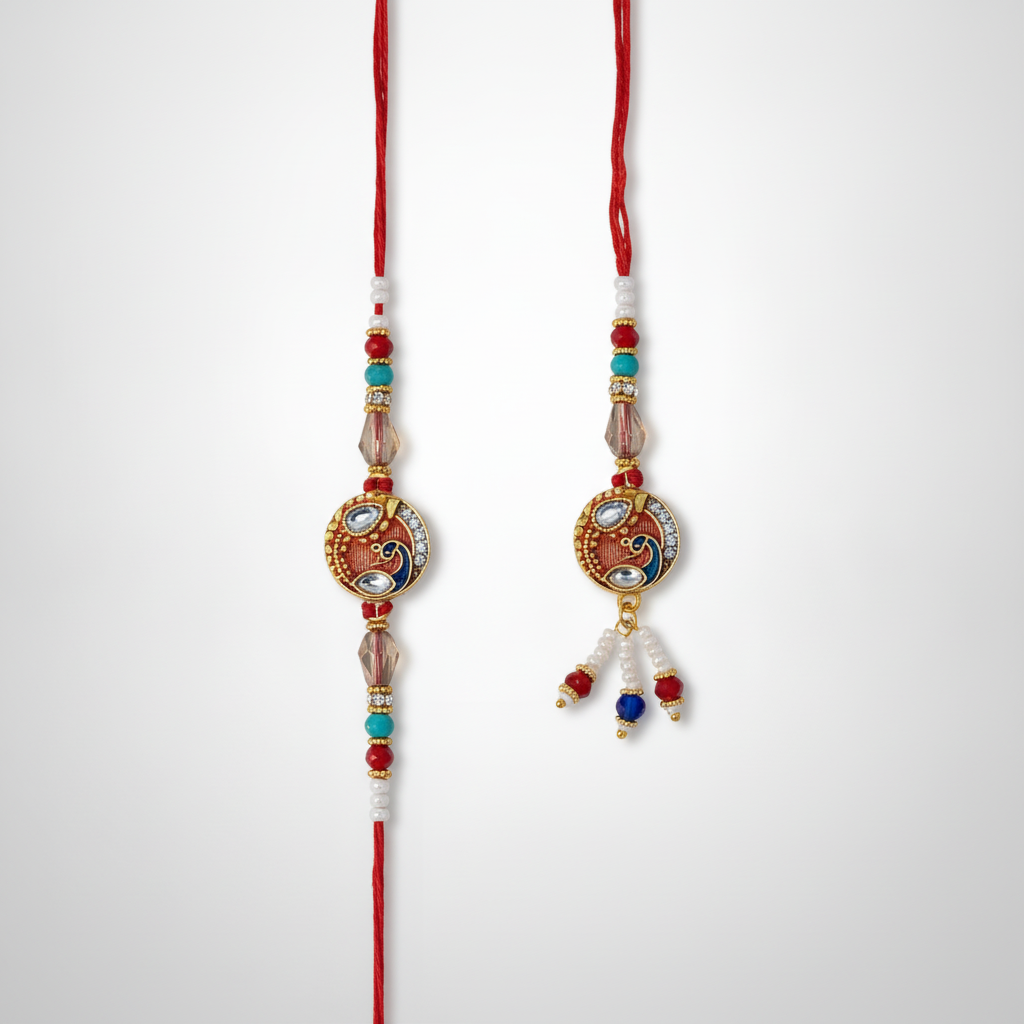 Bhaiya Bhabhi Rakhi Combo Set – Meenakari Peacock Design