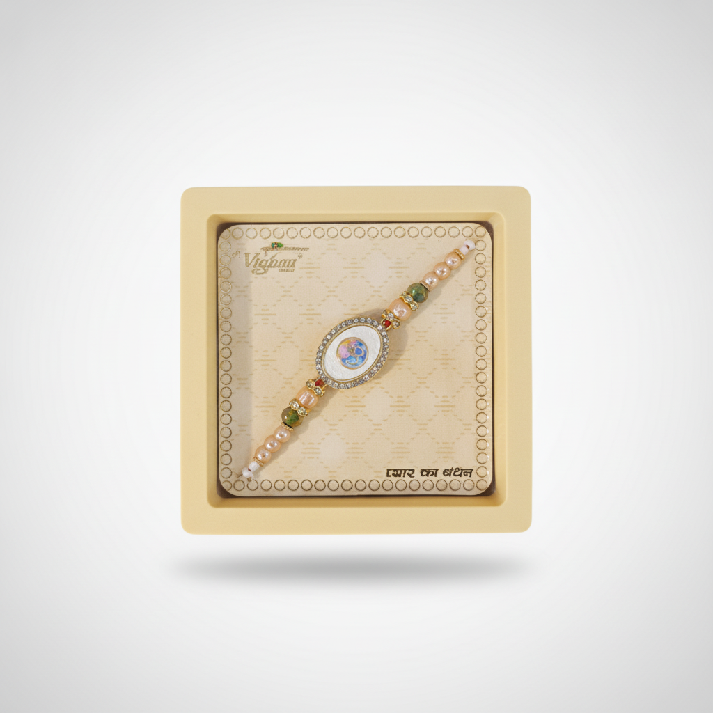 Om Rakhi with Pearl Beads & Crystal Centre – Gift Boxed