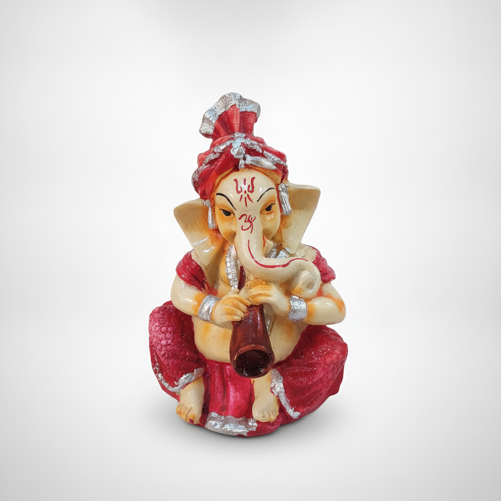 Lord Ganesha Playing Flute Idol – Hand-Painted Poly Resin Figurine