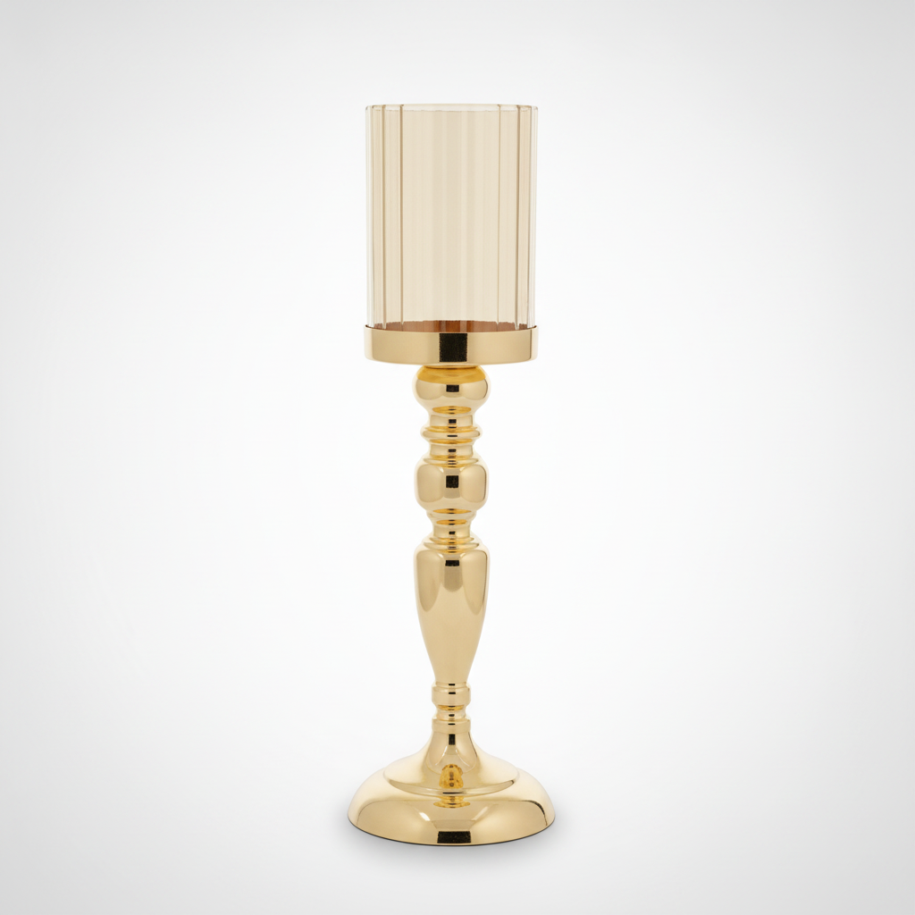 Gold Pedestal Candle Holder with Ribbed Glass Hurricane