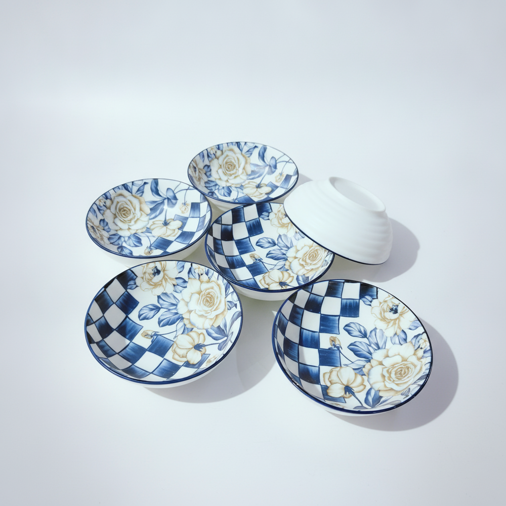 Blue & White Floral Checkered Ceramic Bowl Set