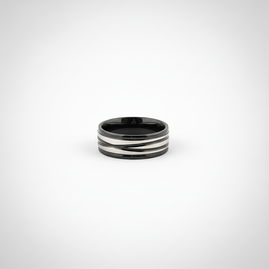 Men's Black Stainless Steel Band Ring with Silver Grooves