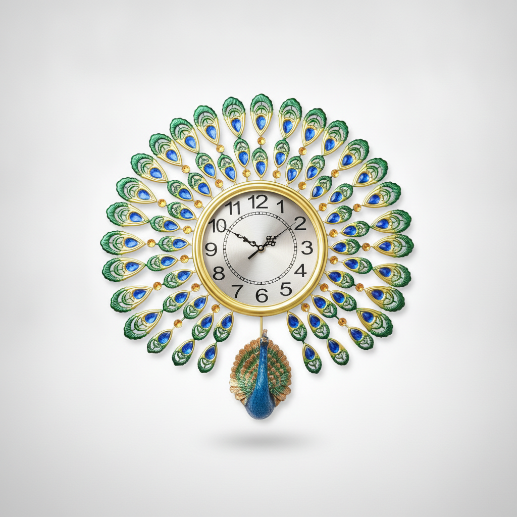 Peacock Wall Clock with Blue Crystal Feathers & Gold Frame