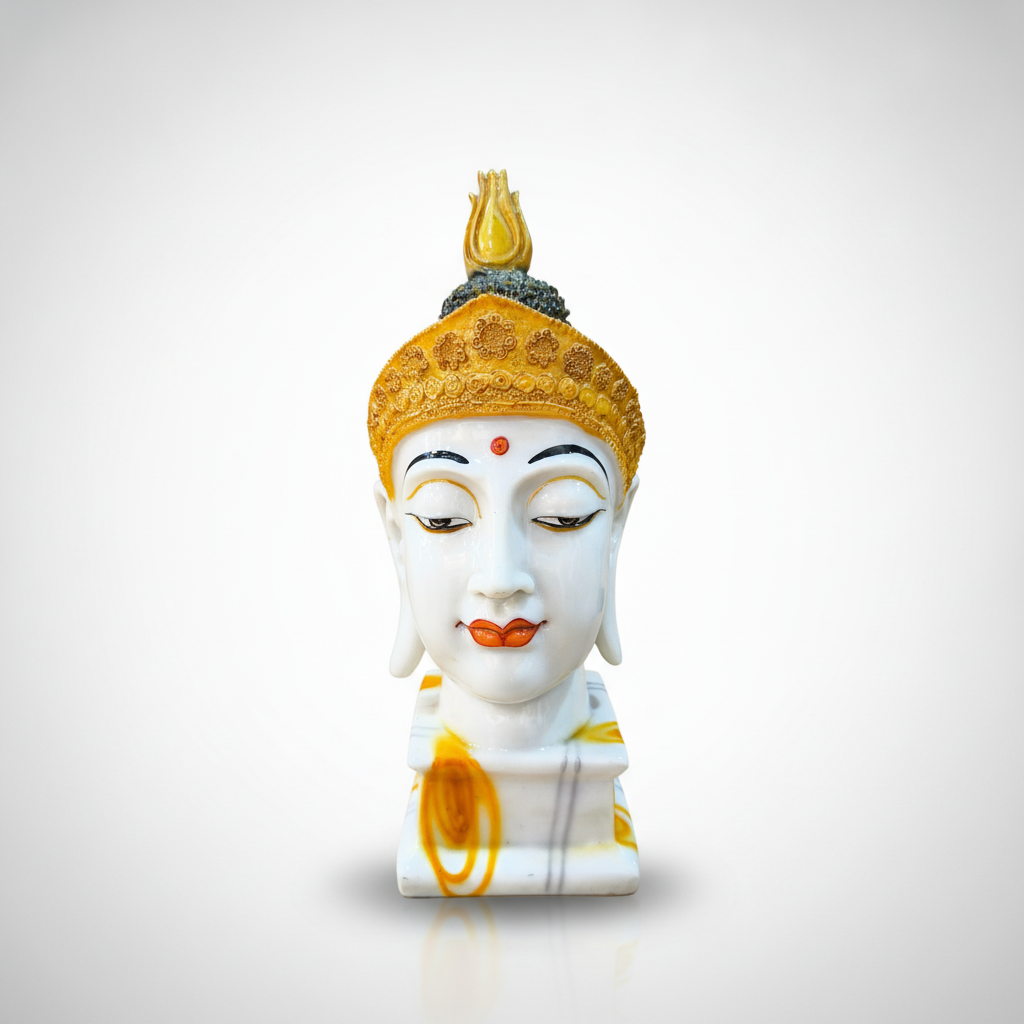 White & Gold Buddha Head Statue – 11.5" Poly Resin