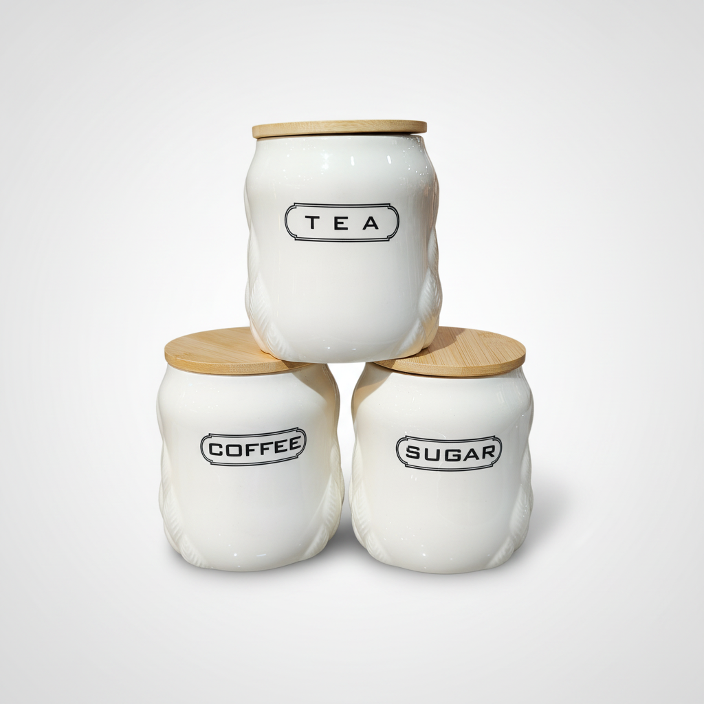 Ceramic Tea Coffee Sugar Canister Set with Bamboo Lids