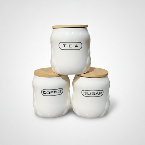 Ceramic Tea Coffee Sugar Canister Set with Bamboo Lids