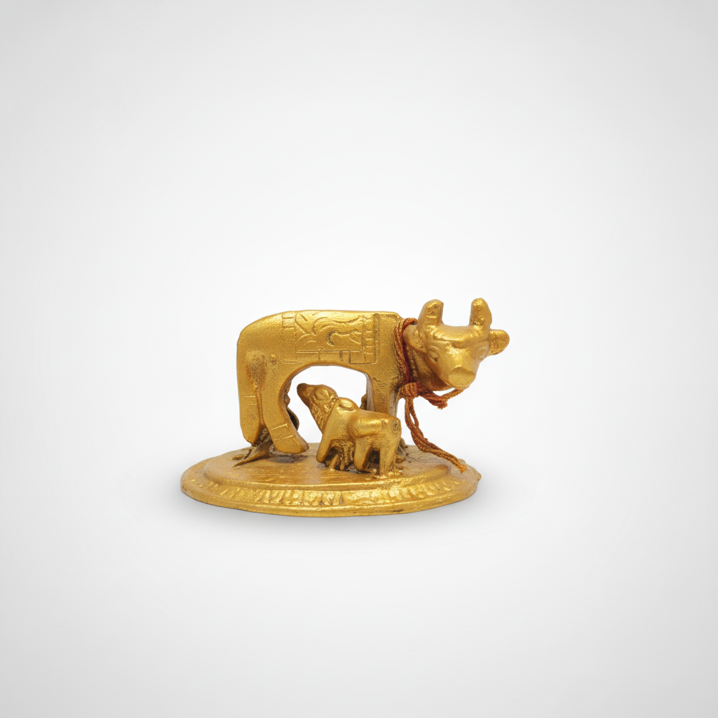 Golden Kamdhenu Cow & Calf Figurine – Sacred Hindu Idol