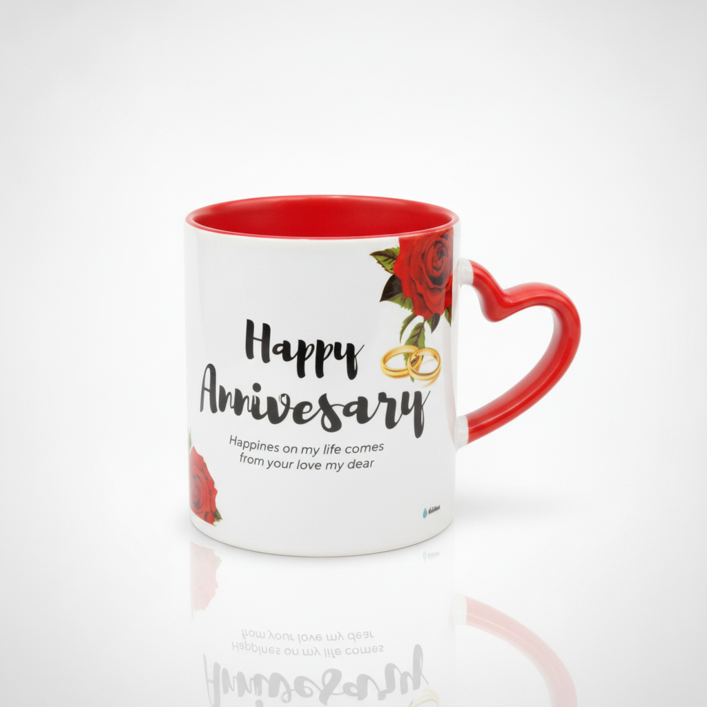 Happy Anniversary Ceramic Mug with Heart Handle & Red Interior