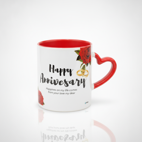 Happy Anniversary Ceramic Mug with Heart Handle & Red Interior