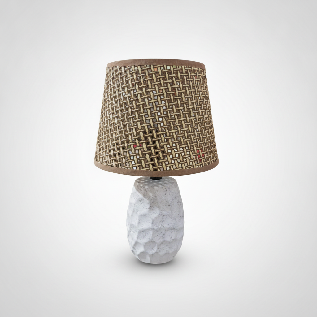 Woven Rattan Shade Table Lamp with Marble-Look Base