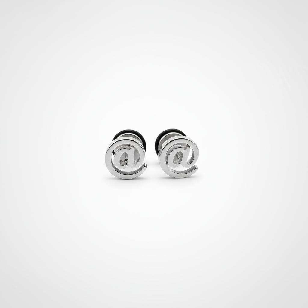 Men's @ Symbol Stud Earrings – Silver Stainless Steel Pair