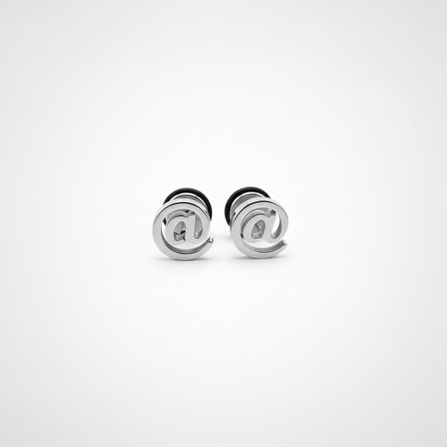 Men's @ Symbol Stud Earrings – Silver Stainless Steel Pair
