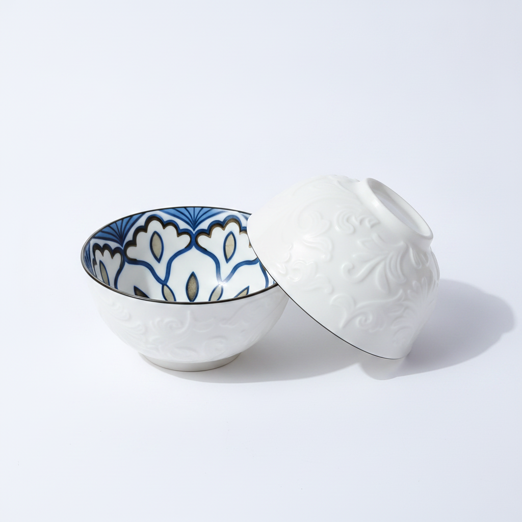 Ceramic Bowl Set – Blue Floral & White Embossed (2 Piece)