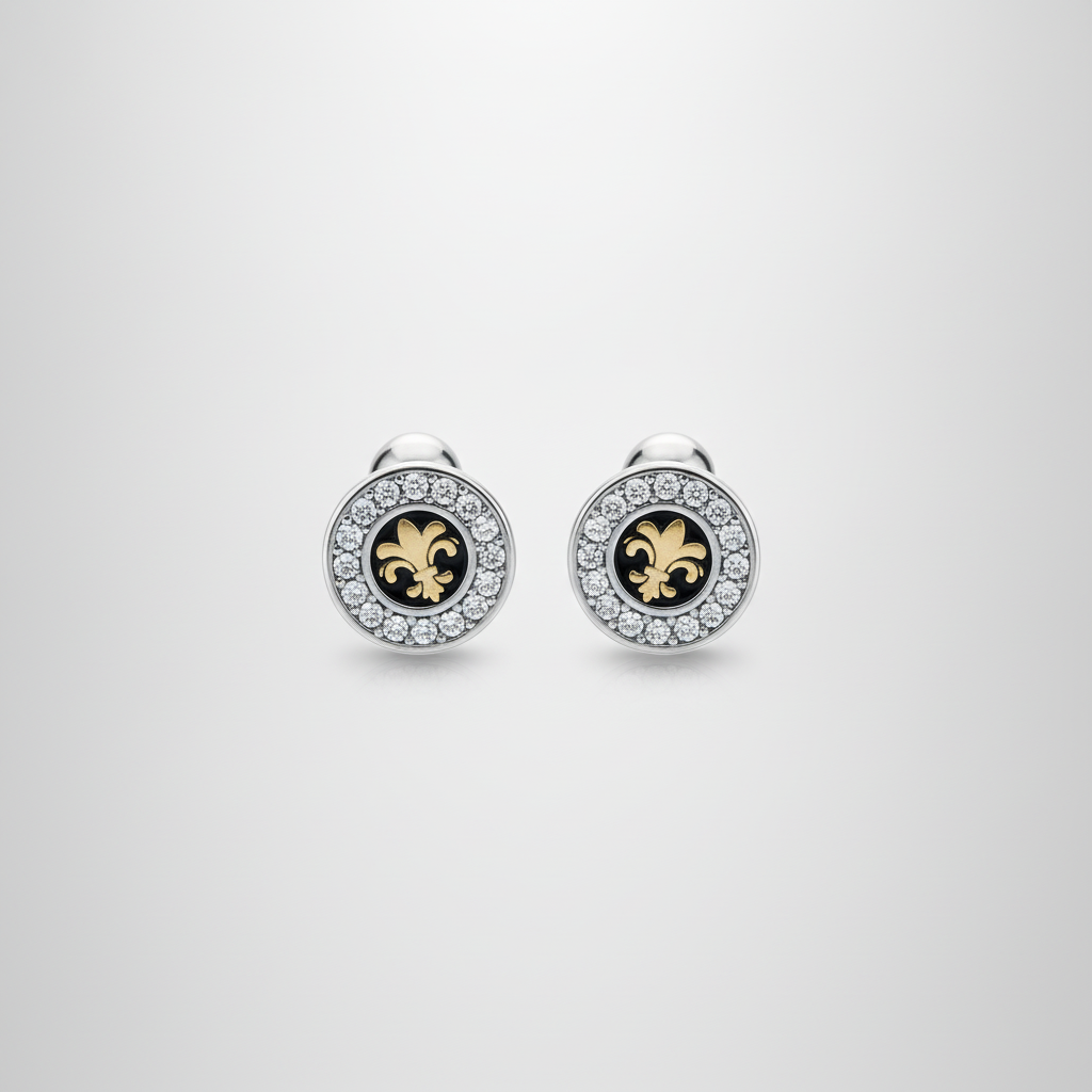 Men's Fleur-de-Lis Crystal Stud Earrings – Silver Tone