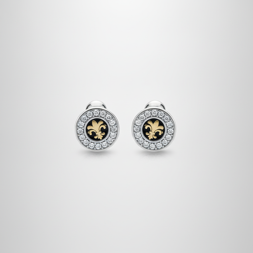 Men's Fleur-de-Lis Crystal Stud Earrings – Silver Tone